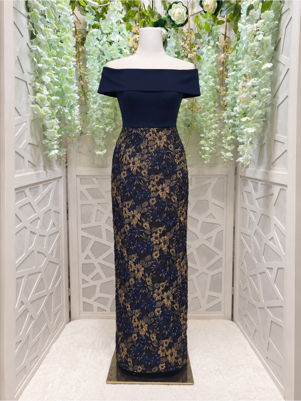 Off-Shoulder Navy and Gold Floral Evening Gown